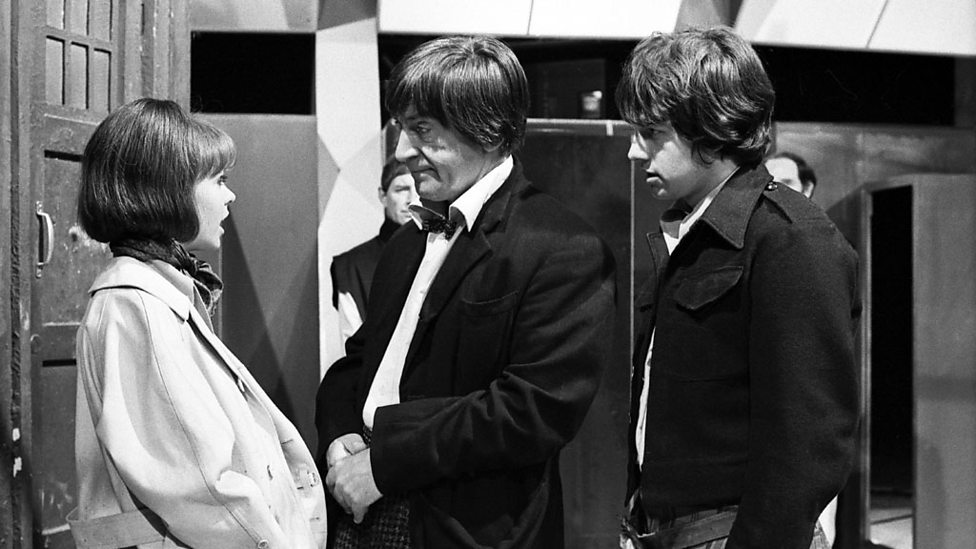 The Doctor (Patrick Troughton) bids farewell to Zoe (Wendy Padbury) and Jamie (Frazer Hines) at the end of Doctor Who - The War Games episode 10 (BBC1, 1969).